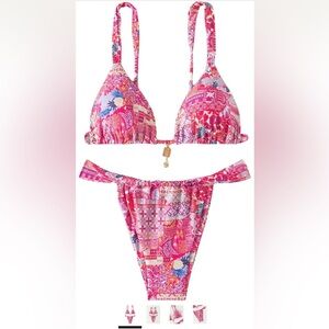 Boho Floral Tropical Print Bikini Triangle swim Suit Tie Backless nwot medium